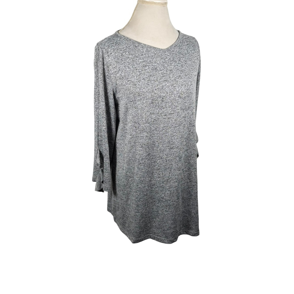 Clara Sun Woo Gray Marled Knit Sweater V-Neck Tunic Top Ruffle 3/4 Slv Size M - Picture 2 of 8